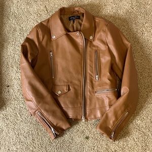 Brown faux leather jacket with zipper detail